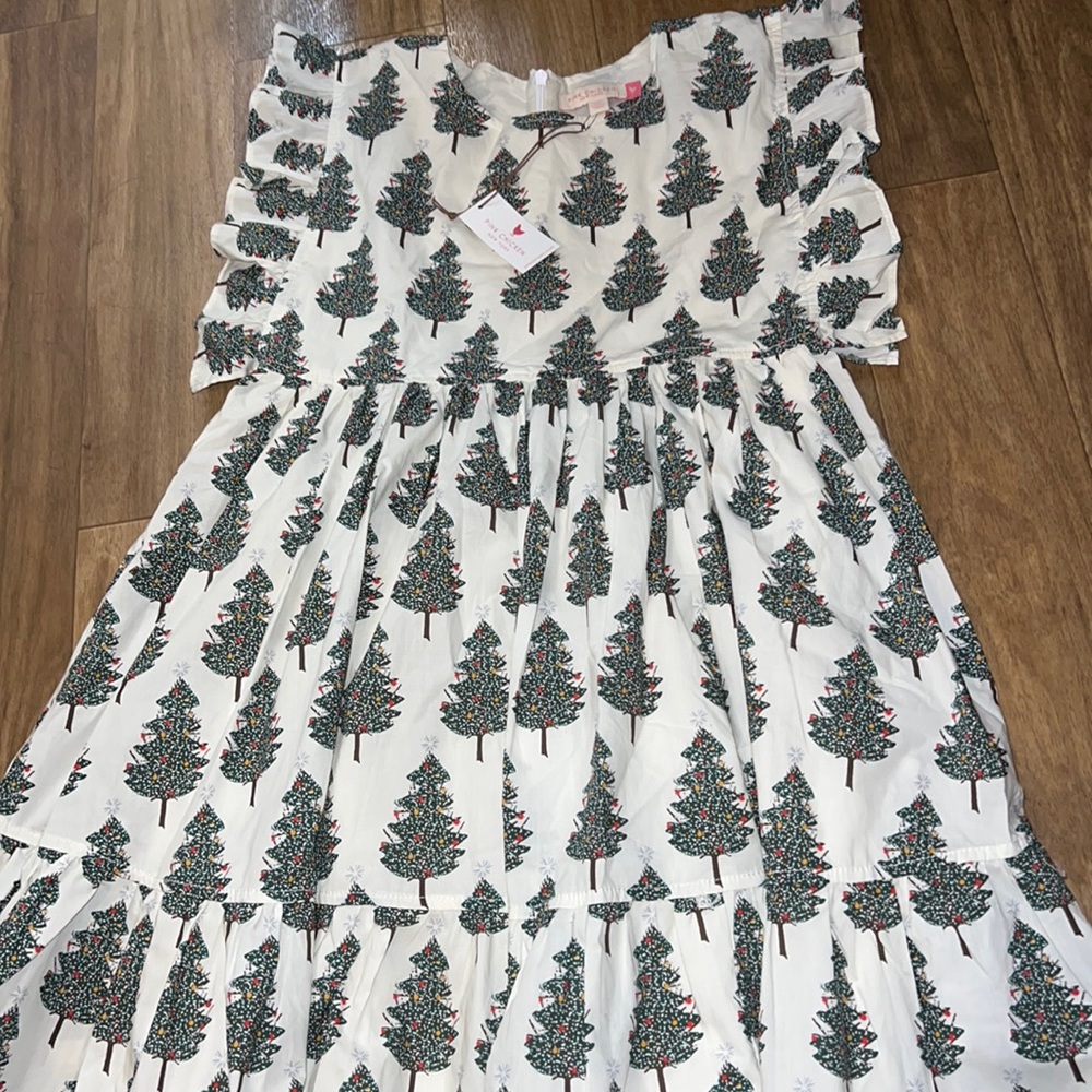 Pink Chicken White Dress with Green Tree Print